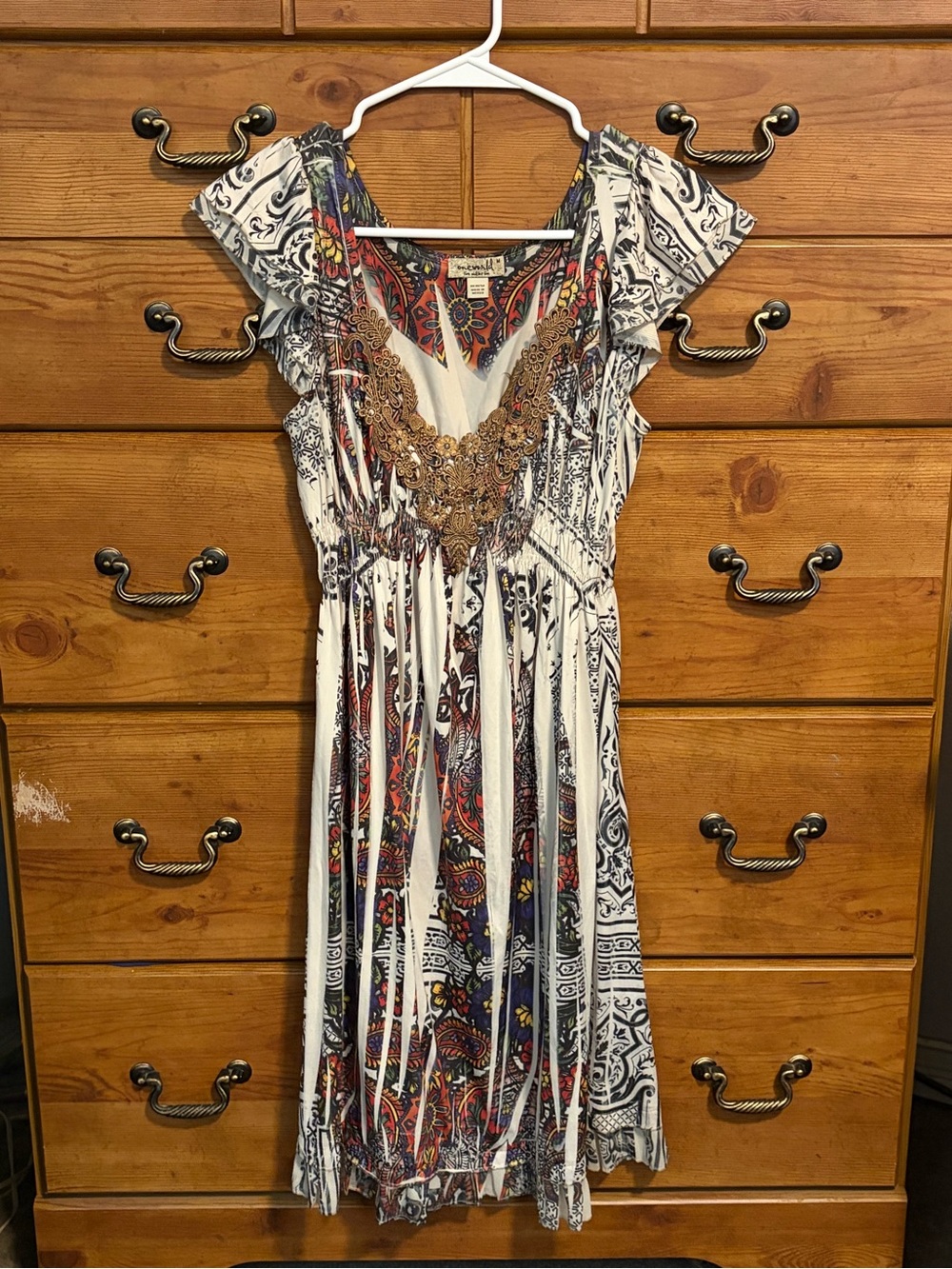 ONE WORLD White Paisley Midi Dress with Gold Embellished Bodice
